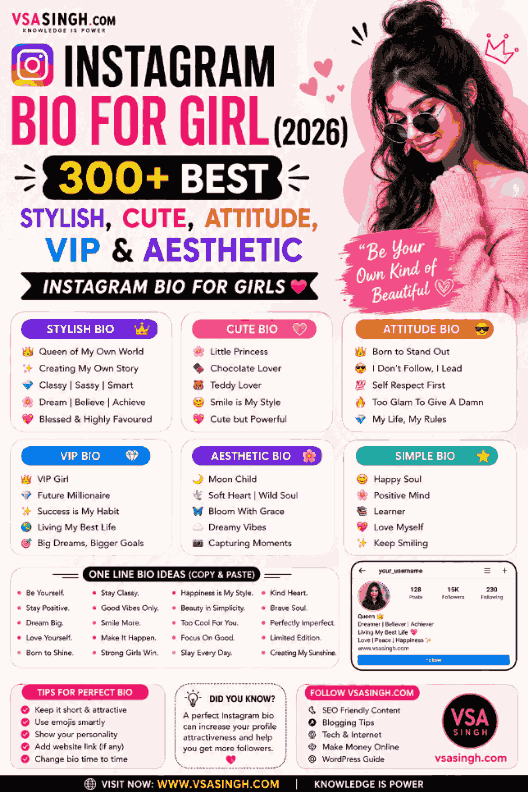 Instagram Bio forInstagram Bio for Girl (2026) 300+ Best Stylish Cute Attitude Girl 2026 – 300+ Best Stylish
