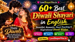 60+ Best Diwali Shayari in English featuring romantic wishes, heart-touching quotes, inspirational messages, glowing diyas, fireworks, and a festive couple for LoveShayariVsa.in