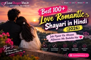 Beautiful couple romantic shayari banner in Hindi with heart symbols and elegant typography for LoveShayariVSA